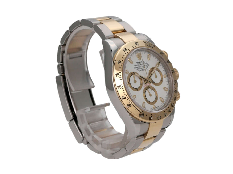 Rolex Daytona Edelstahl/Gelbgold 116523 mit weißem Zifferblatt und Tachymeterskala, perfektes Chronometer.
