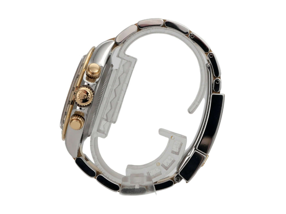 Seitenansicht der Rolex Daytona 116523 Edelstahl und Gelbgold Armbanduhr mit polierter Lünetten und Armband.