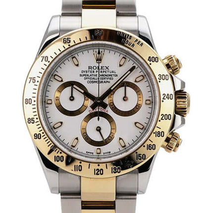 Rolex Daytona Edelstahl Gelbgold 116523 Weiß, weißes Zifferblatt, Automatik Chronograph mit Tachymeterskala und Gold-Details