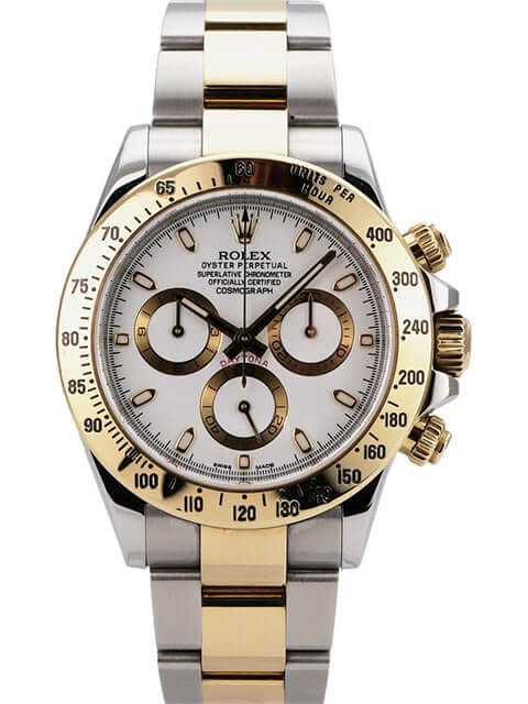 Rolex Daytona Edelstahl Gelbgold 116523 Weiß, weißes Zifferblatt, Automatik Chronograph mit Tachymeterskala und Gold-Details