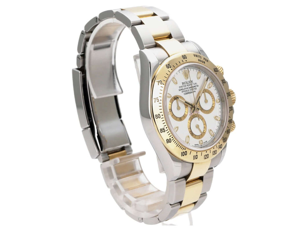 Rolex Daytona Edelstahl Gelbgold 116523 Weiß, Luxus Chronograph mit weißem Zifferblatt und Tachymeterlünette