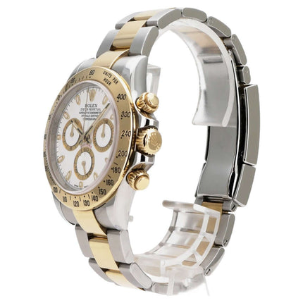 Rolex Daytona Edelstahl Gelbgold 116523 Weiß, weiße Chronographenuhr mit goldener Lünette und Oyster-Armband