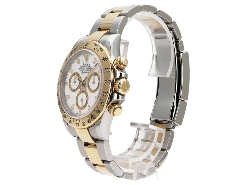 Rolex Daytona Edelstahl Gelbgold 116523 Weiß, weiße Chronographenuhr mit goldener Lünette und Oyster-Armband