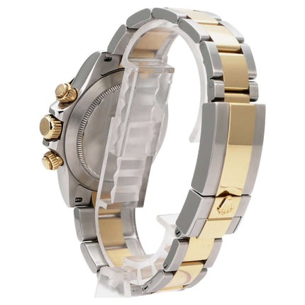 Rolex Daytona Edelstahl Gelbgold 116523 Weiß, Seitenansicht mit Edelstahl-/Gelbgold-Armband und Chronograph