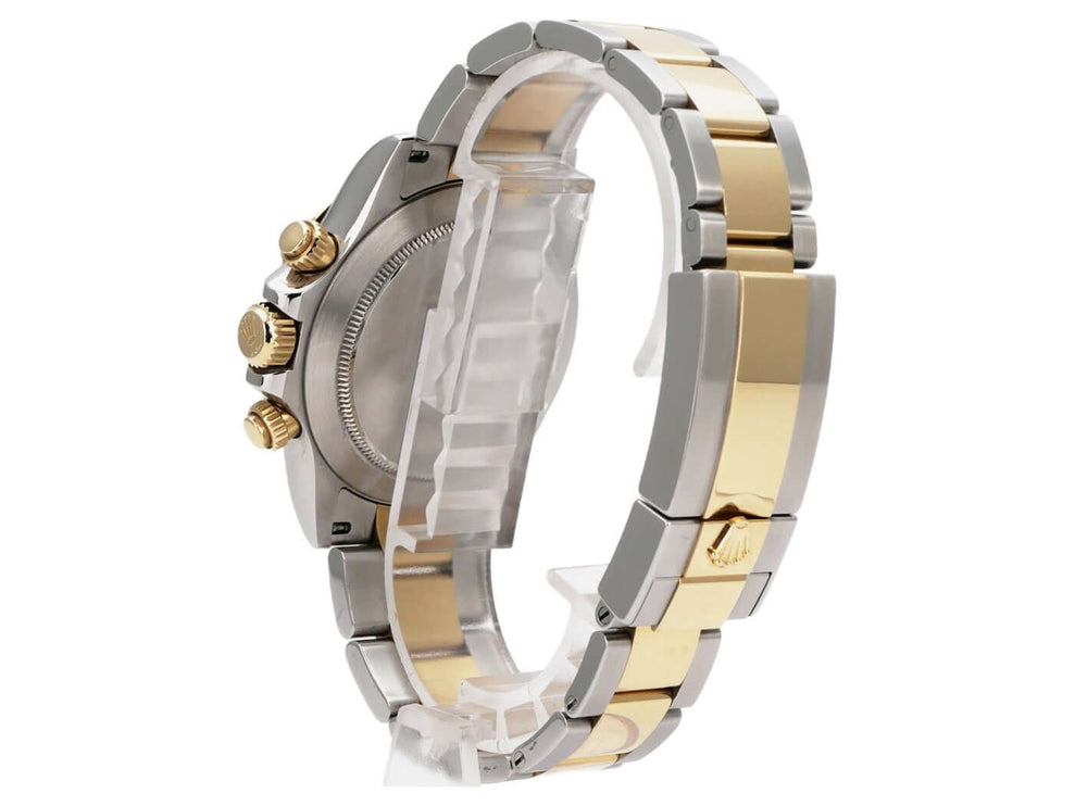 Rolex Daytona Edelstahl Gelbgold 116523 Weiß, Seitenansicht mit Edelstahl-/Gelbgold-Armband und Chronograph