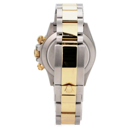 Rolex Daytona Edelstahl Gelbgold 116523 Weiß, Rückansicht mit Oyster-Armband und Gold-Akzenten