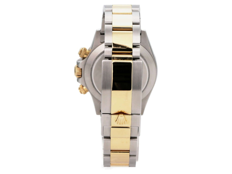 Rolex Daytona Edelstahl Gelbgold 116523 Weiß, Rückansicht mit Oyster-Armband und Gold-Akzenten