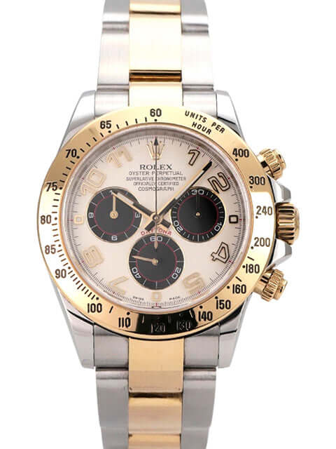 Rolex Daytona Cosmograph 116523 aus Edelstahl und Gelbgold, weißes Zifferblatt mit schwarzen Totalisatoren, 2015