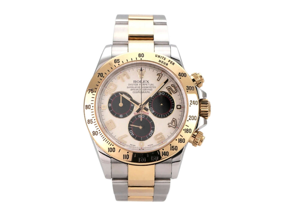 Rolex Daytona Cosmograph 116523 in Edelstahl und 18 kt Gelbgold, Zifferblatt weiß mit schwarzen Totalisatoren.