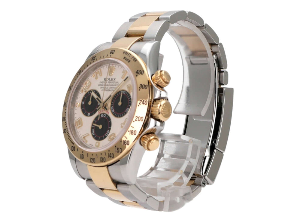 Rolex Daytona Cosmograph 116523 in Edelstahl und 18 kt Gelbgold, weißes Zifferblatt mit schwarzen Totalisatoren.