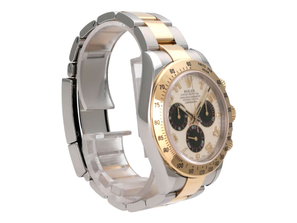 Rolex Daytona Cosmograph 116523 in Edelstahl und Gelbgold, weißes Zifferblatt mit schwarzen Totalisatoren