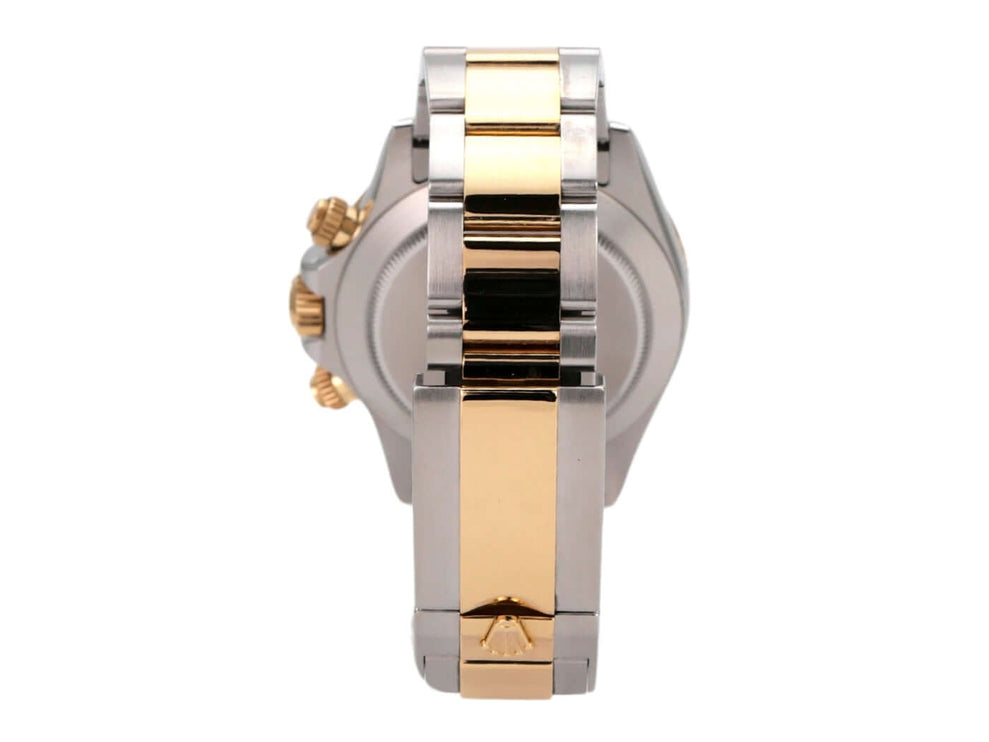 Seitenansicht des Rolex Daytona Cosmograph 116523 mit Edelstahl- und Gelbgold-Armband.