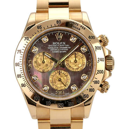 Rolex Cosmograph Daytona 116528 Gelbgold Gold Crystal Diamant Uhr mit Perlmutt Zifferblatt und Diamanten.