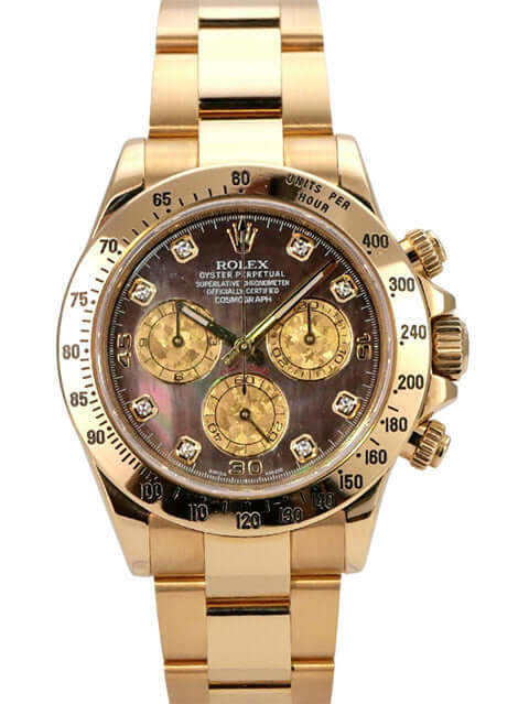 Rolex Cosmograph Daytona 116528 Gelbgold Gold Crystal Diamant Uhr mit Perlmutt Zifferblatt und Diamanten.