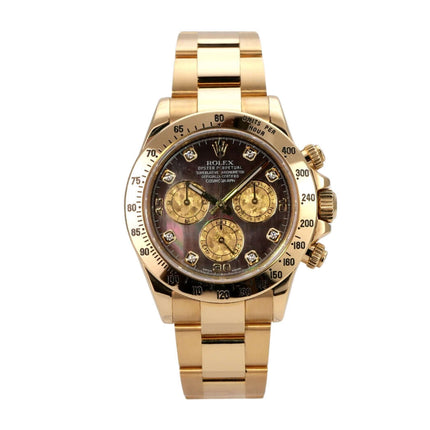 Rolex Cosmograph Daytona 116528 Gelbgold Gold Crystal Diamant mit schwarzem Zifferblatt und goldenen Subzifferblättern