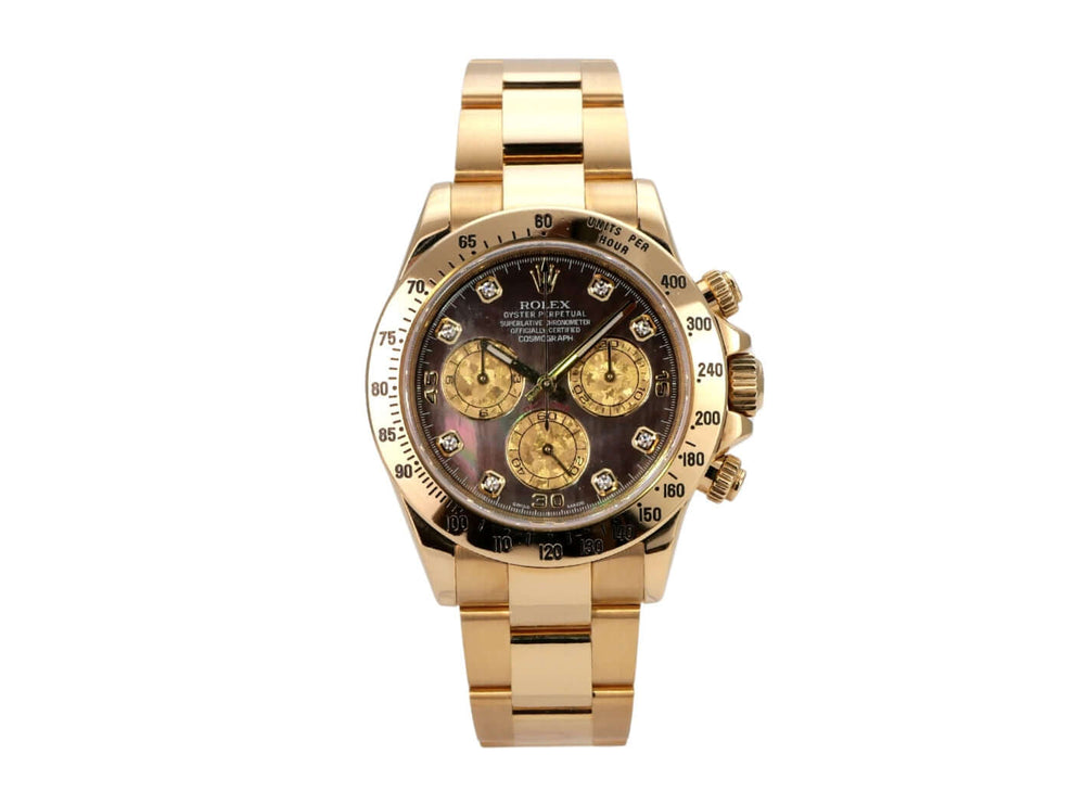 Rolex Cosmograph Daytona 116528 Gelbgold Gold Crystal Diamant mit schwarzem Zifferblatt und goldenen Subzifferblättern