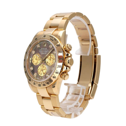 Rolex Cosmograph Daytona 116528 Gelbgold Gold Crystal Diamant mit goldfarbenem Gehäuse und Zifferblatt.