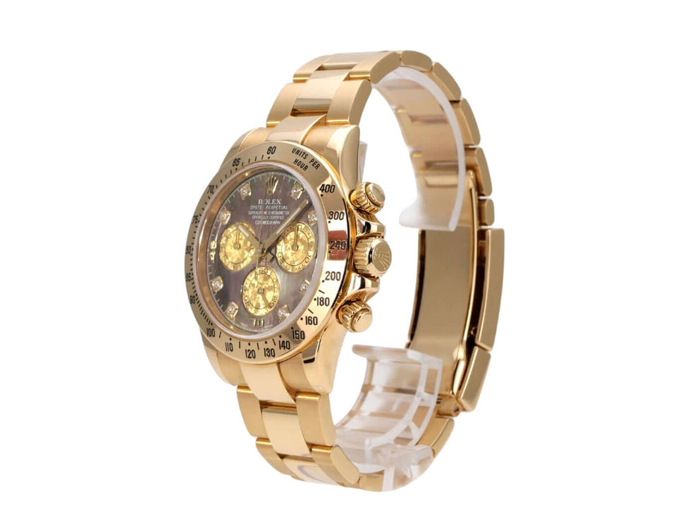 Rolex Cosmograph Daytona 116528 Gelbgold Gold Crystal Diamant mit goldfarbenem Gehäuse und Zifferblatt.