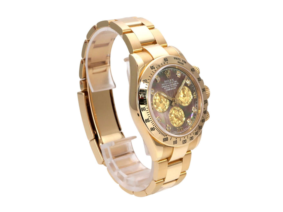 Rolex Cosmograph Daytona 116528 Gelbgold Gold Crystal Diamant Uhr mit 18 kt Gelbgold und Diamanten Zifferblatt.