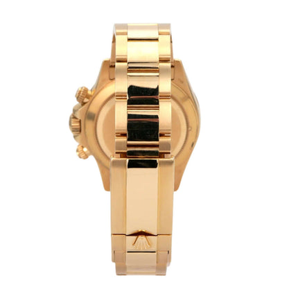 Rolex Cosmograph Daytona 116528 Gelbgold Gold Crystal Diamant Rückansicht mit 18 kt Gelbgold Armband.