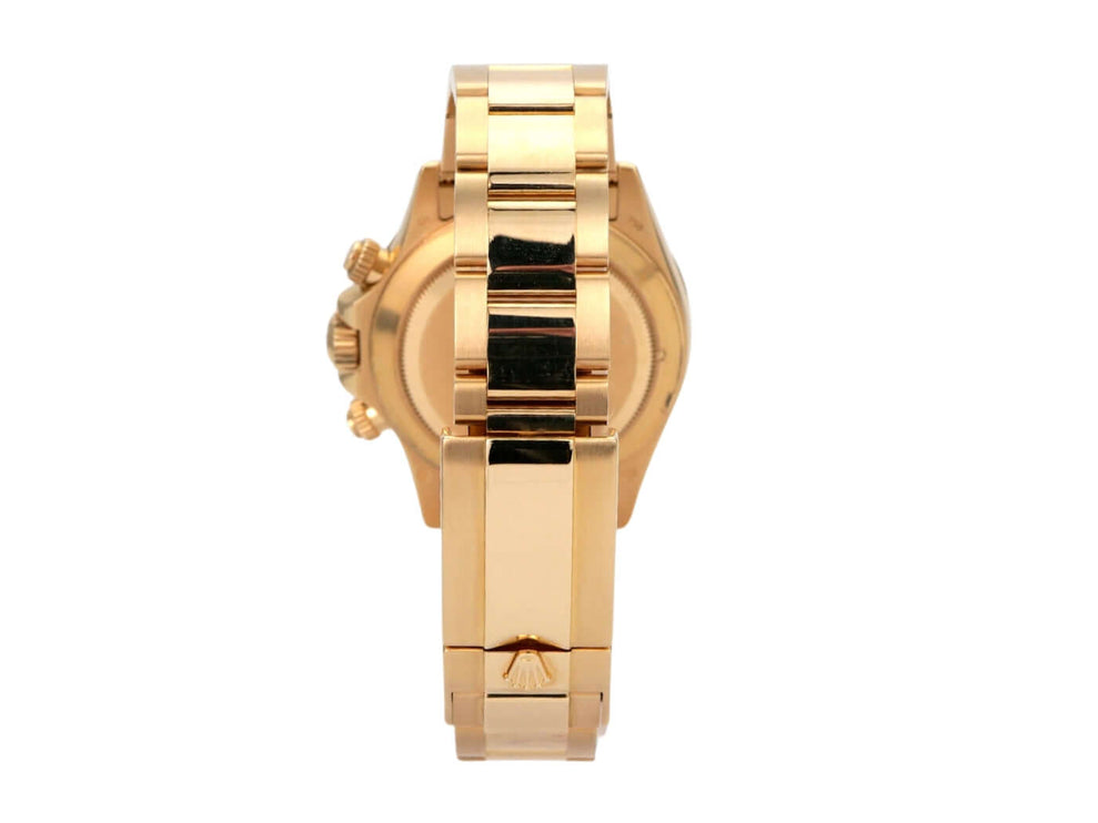 Rolex Cosmograph Daytona 116528 Gelbgold Gold Crystal Diamant Rückansicht mit 18 kt Gelbgold Armband.