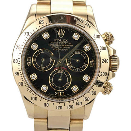 Rolex Cosmograph Daytona 116528 Gelbgold Schwarz Diamant mit schwarzem Zifferblatt und Diamanten.