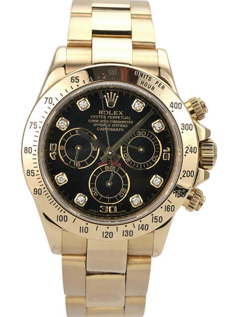 Rolex Cosmograph Daytona 116528 Gelbgold Schwarz Diamant mit schwarzem Zifferblatt und Diamanten.