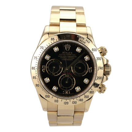 Rolex Cosmograph Daytona 116528 Gelbgold Schwarz Diamant mit schwarzem Zifferblatt und goldener Lünette.