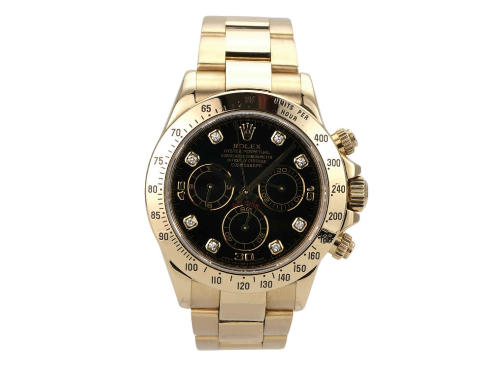 Rolex Cosmograph Daytona 116528 Gelbgold Schwarz Diamant mit schwarzem Zifferblatt und goldener Lünette.