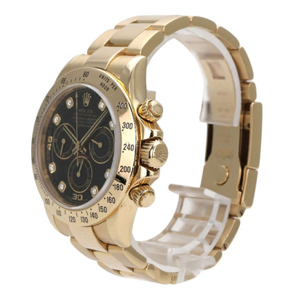 Rolex Cosmograph Daytona 116528 Gelbgold Schwarz Diamant mit schwarzem Zifferblatt und goldenem Armband
