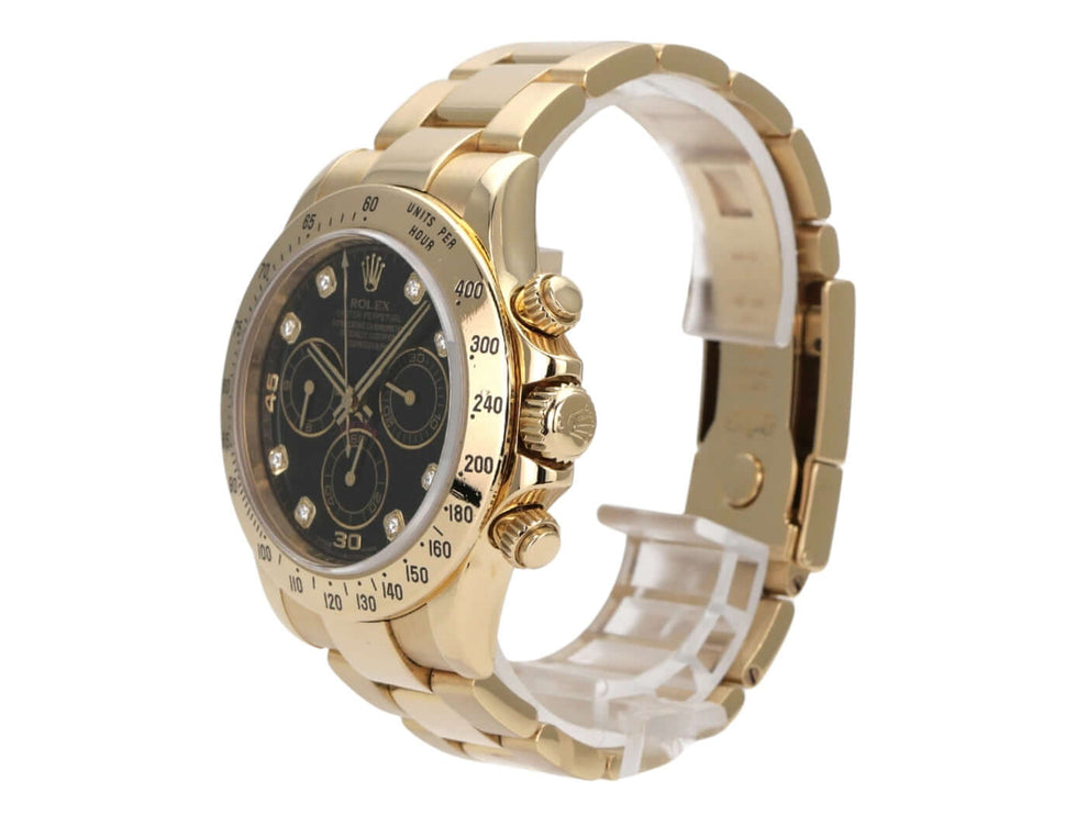 Rolex Cosmograph Daytona 116528 Gelbgold Schwarz Diamant mit schwarzem Zifferblatt und goldenem Armband