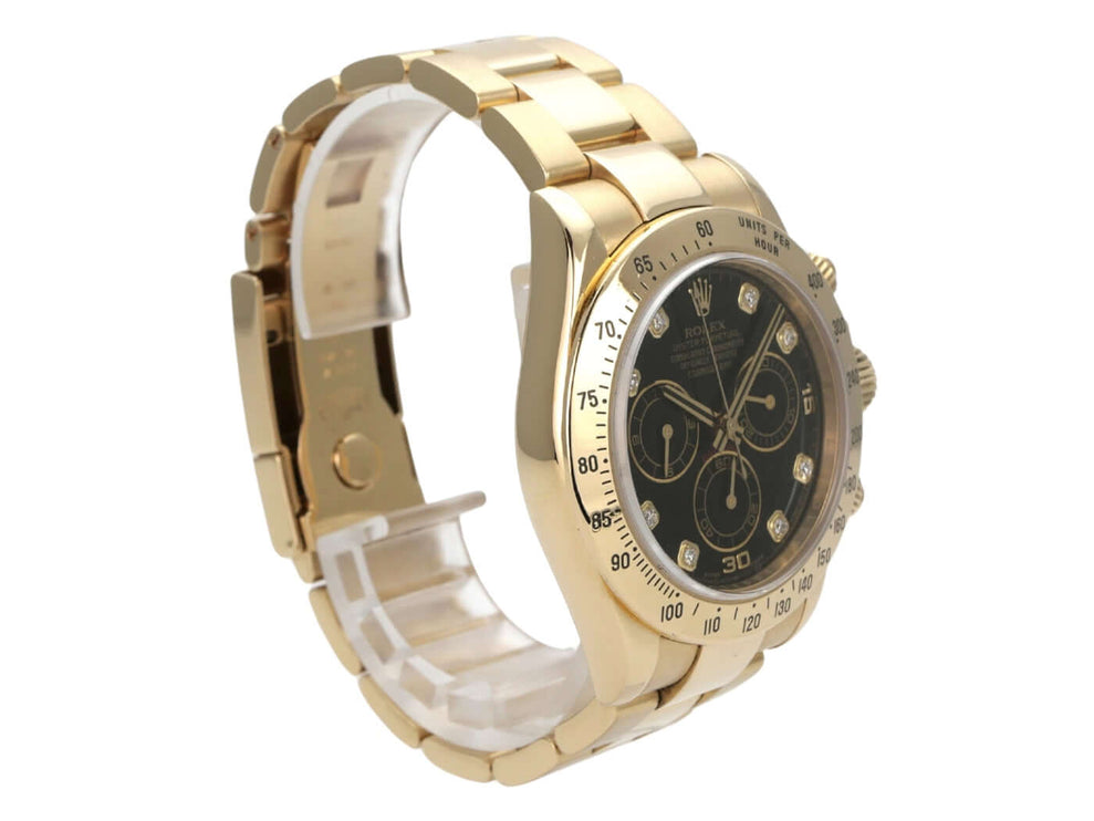 Rolex Cosmograph Daytona 116528 Gelbgold Schwarz Diamant Armbanduhr mit schwarzem Zifferblatt und Diamanten.