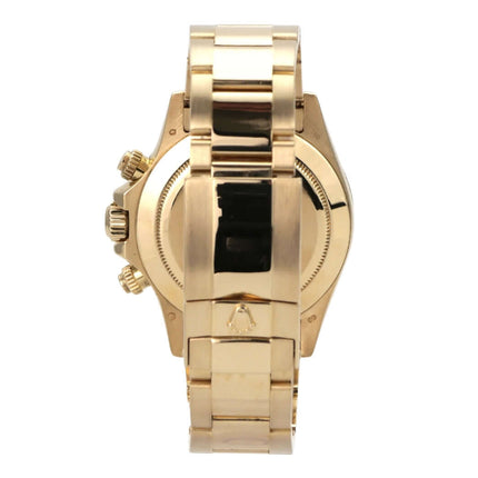 Rolex Cosmograph Daytona 116528 Gelbgold Schwarz Diamant seitliche Ansicht des Gehäuses und Armbands aus 18 kt Gelbgold.