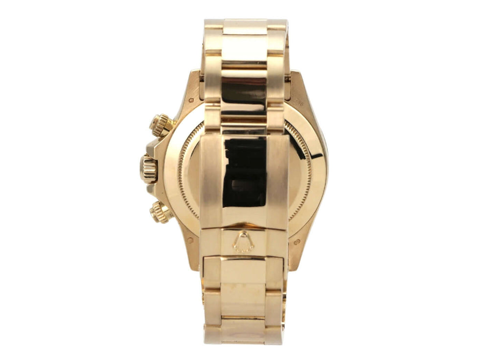Rolex Cosmograph Daytona 116528 Gelbgold Schwarz Diamant seitliche Ansicht des Gehäuses und Armbands aus 18 kt Gelbgold.