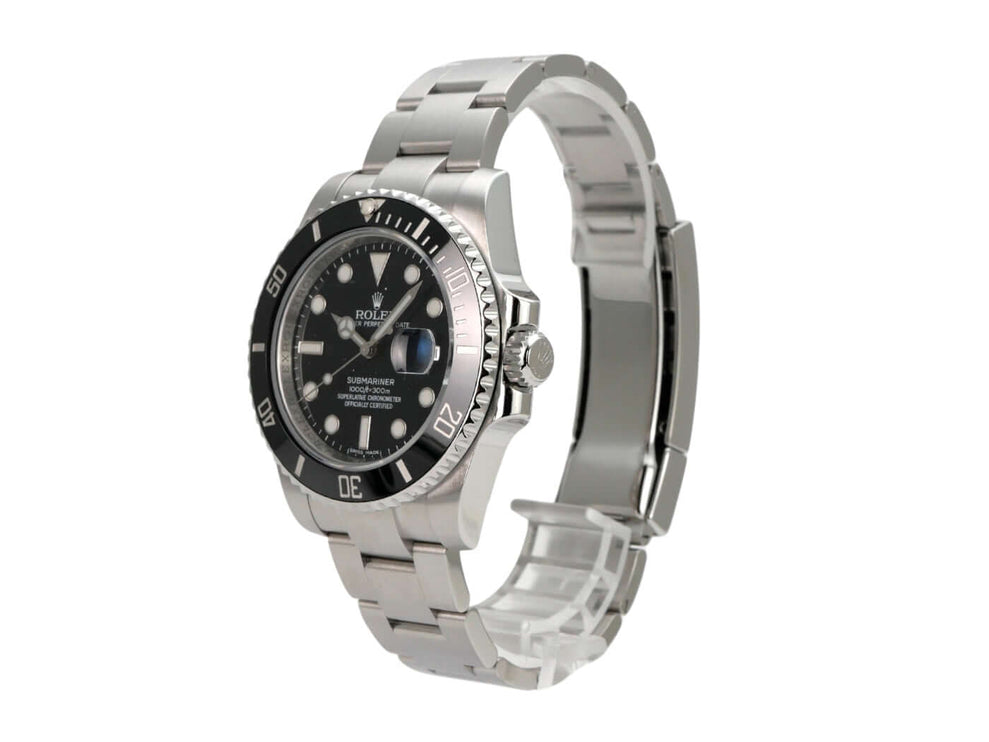 Rolex Submariner Date 116610LN Uhr mit schwarzem Zifferblatt und Edelstahlarmband seitlich