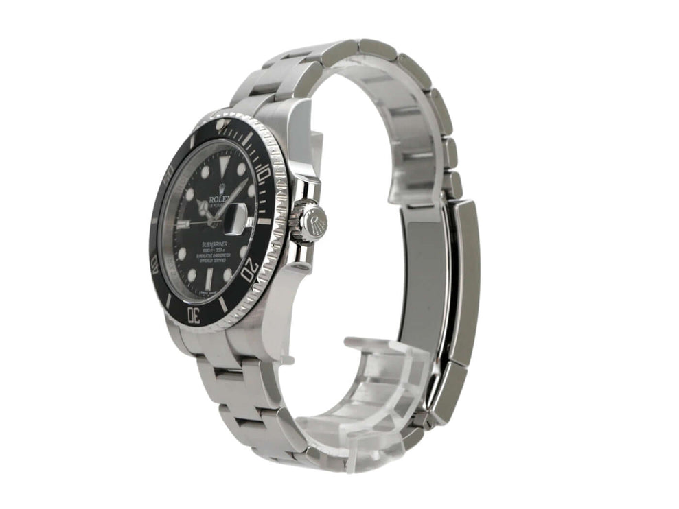Rolex Submariner Date 116610LN Uhr seitlich mit schwarzem Zifferblatt und Edelstahlband