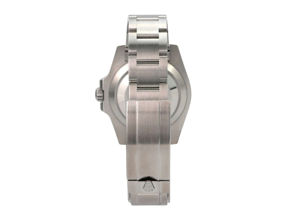 Rolex Submariner Date 116610LN Edelstahlarmband von hinten, seitliche Ansicht des Gehäuses und der Schließe.