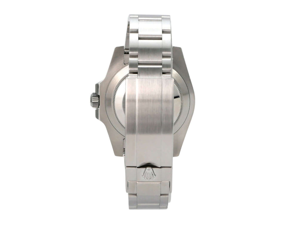 Rolex Submariner Date 116610LN von hinten gezeigt, Edelstahl-Gehäuse mit Oyster-Armband in poliertem und satiniertem Finish.
