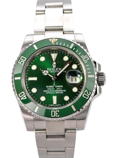 Rolex Submariner Date 116610LV mit grünem Zifferblatt und Edelstahlband, Ref. 2015, 40 mm Gehäusedurchmesser.