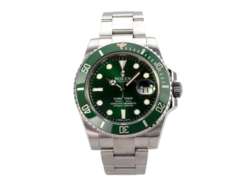 Rolex Submariner Date 116610LV mit grünem Zifferblatt und Edelstahlband, 40 mm Gehäusedurchmesser, Automatikwerk.