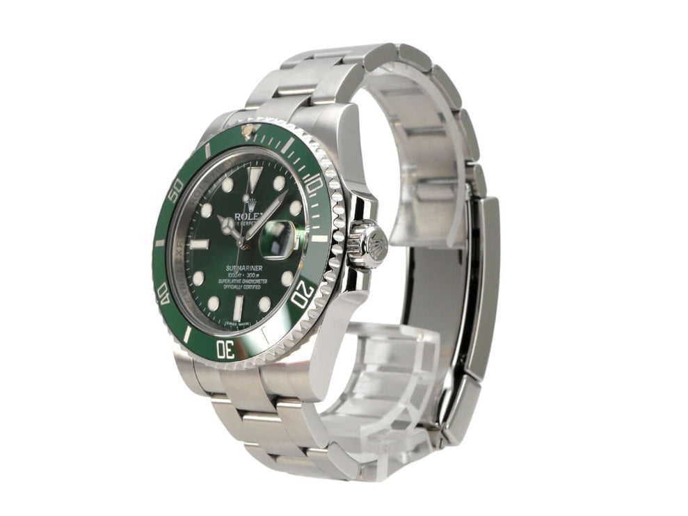 Rolex Submariner Date 116610LV mit grünem Zifferblatt und Edelstahlarmband, 2015 Modell.