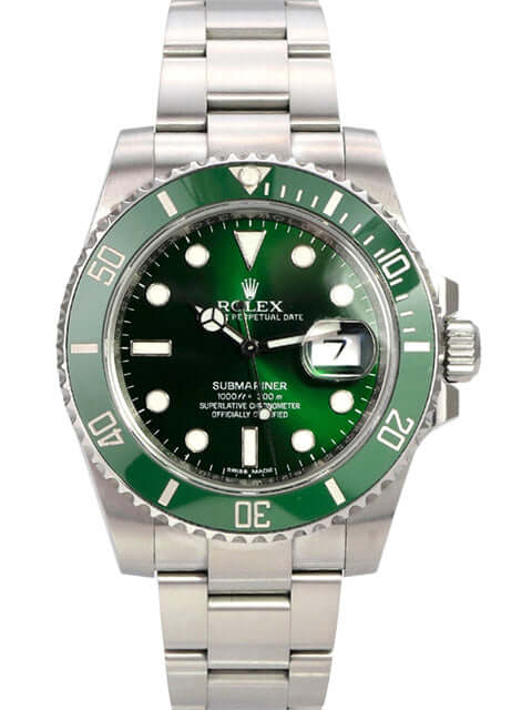 Rolex Submariner Date 116610LV mit grünem Zifferblatt und Edelstahlband, Referenz 116610LV.