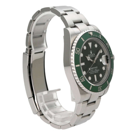 Rolex Submariner Date 116610LV seitlich mit grünem Zifferblatt und Edelstahlband, Automatikwerk.