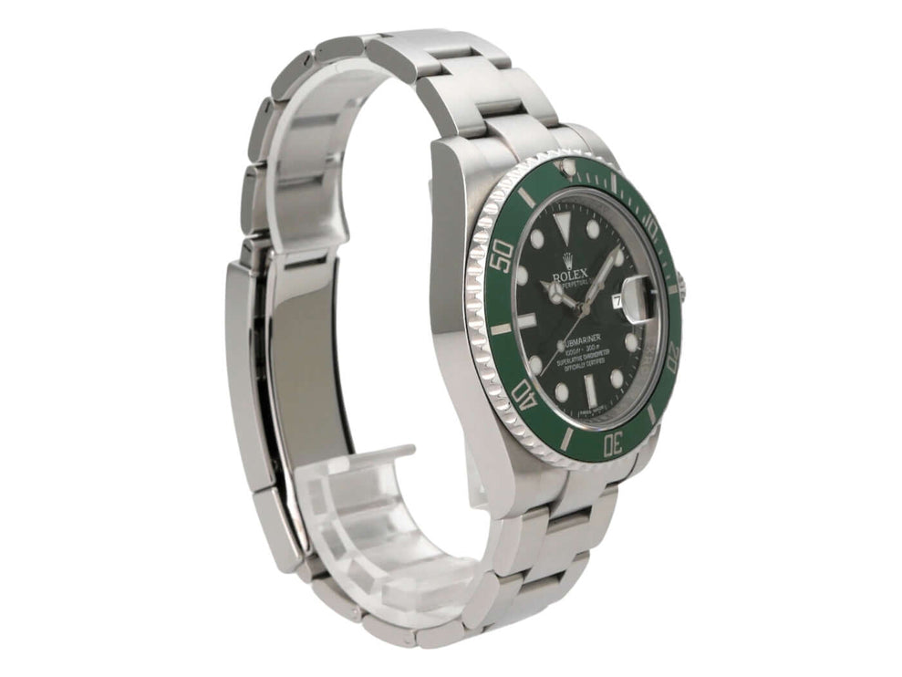 Rolex Submariner Date 116610LV seitlich mit grünem Zifferblatt und Edelstahlband, Automatikwerk.