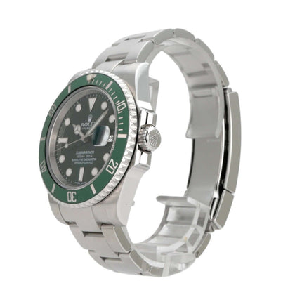 Rolex Submariner Date 116610LV in Edelstahl mit grünem Zifferblatt und Keramiklünette, Seiteansicht.