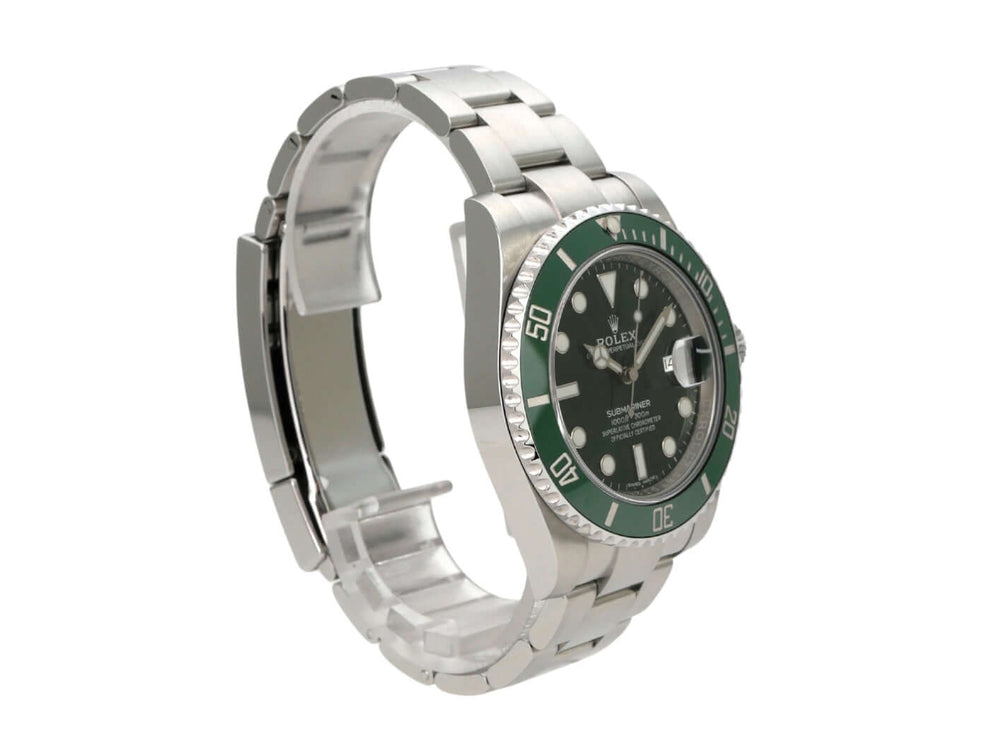 Rolex Submariner Date 116610LV in Edelstahl mit grünem Zifferblatt und Keramiklünette seitlich abgebildet