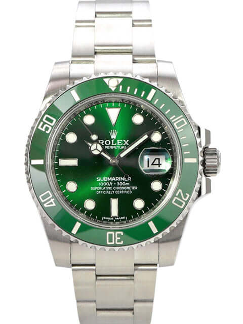Rolex Submariner Date 116610LV mit grünem Zifferblatt und Edelstahlgehäuse, 40 mm Durchmesser, 2016 Modell.