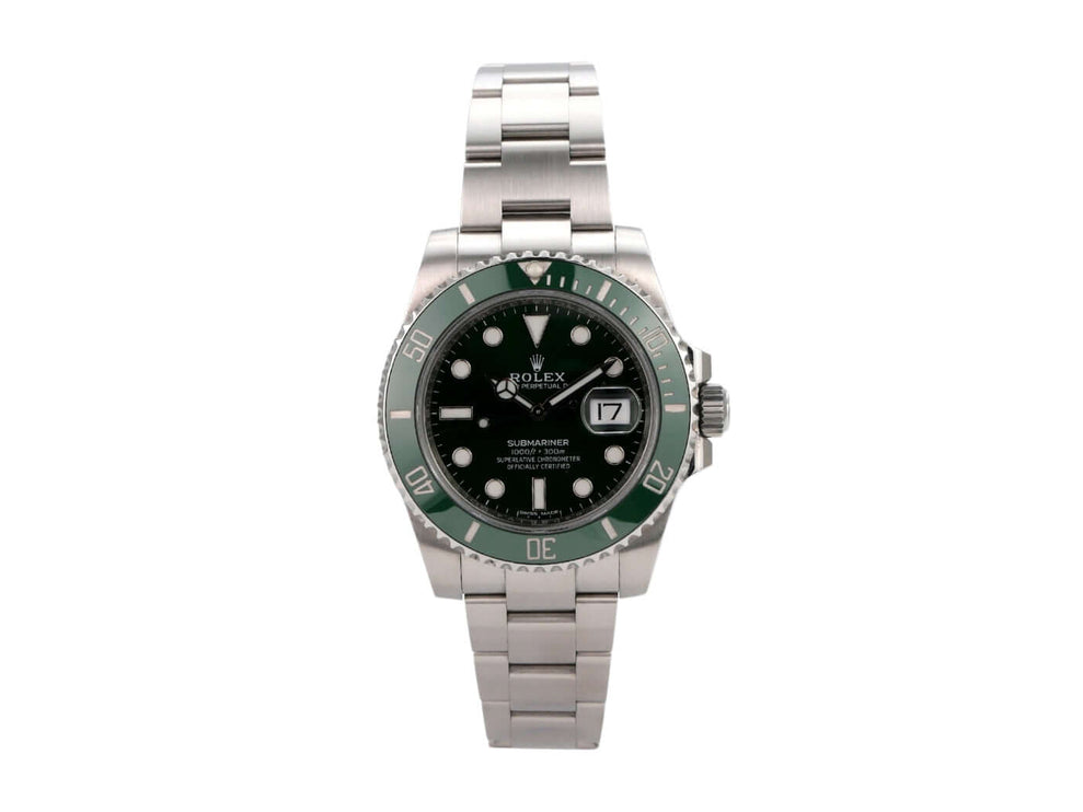 Rolex Submariner Date 116610LV Uhr mit grünem Zifferblatt und Edelstahlarmband, 40 mm Gehäuse.