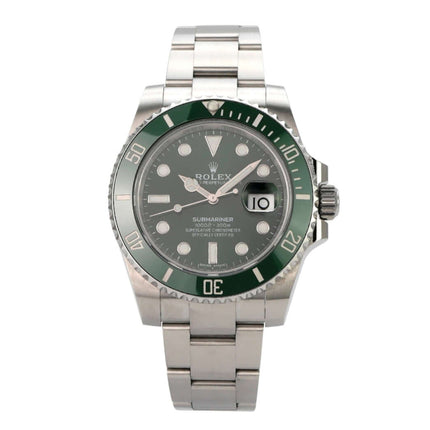 Rolex Submariner Date 116610LV mit grünem Zifferblatt und Edelstahlgehäuse, Edelstahlarmband und drehbarer Lünette.