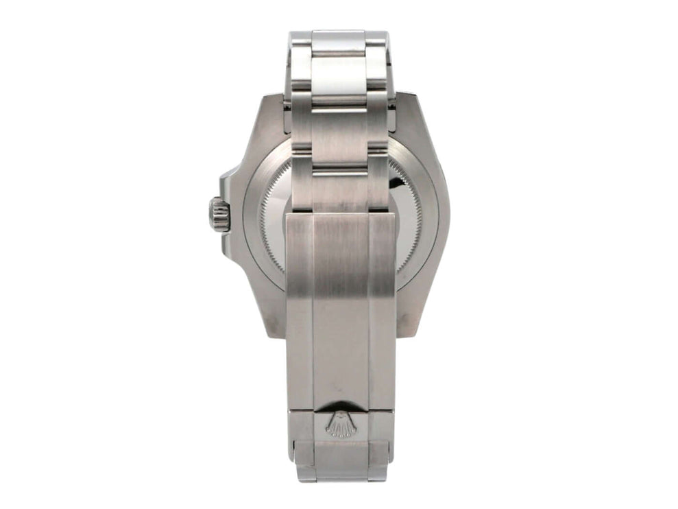 Rückansicht der Rolex Submariner Date 116610LV mit Metallarmband und Oyster-Gehäuse.